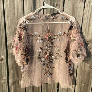 Zara Woman Top | Pink Sheer Embroidered Shirt